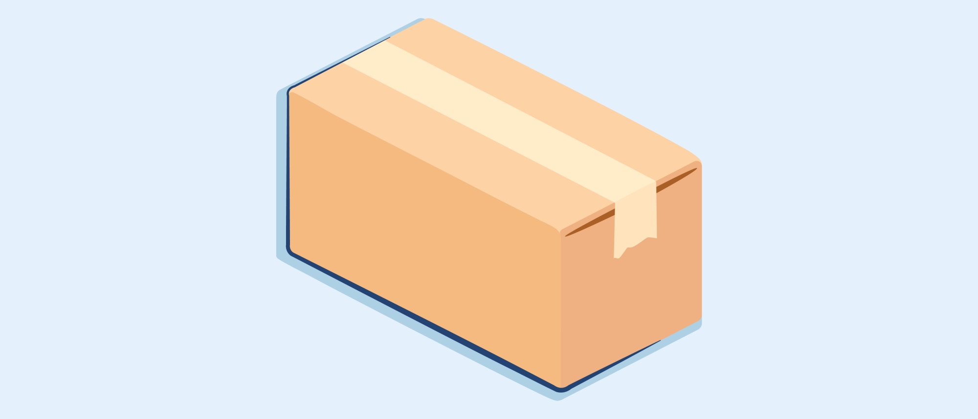 Sealed cardboard shipping box with packing tape on top, against a pale blue background.