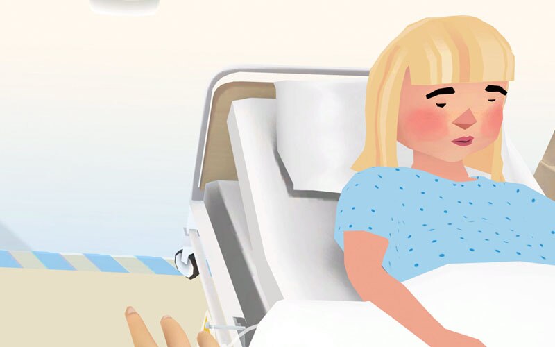 Rapariga com febre deitada na cama do hospital (desenho)