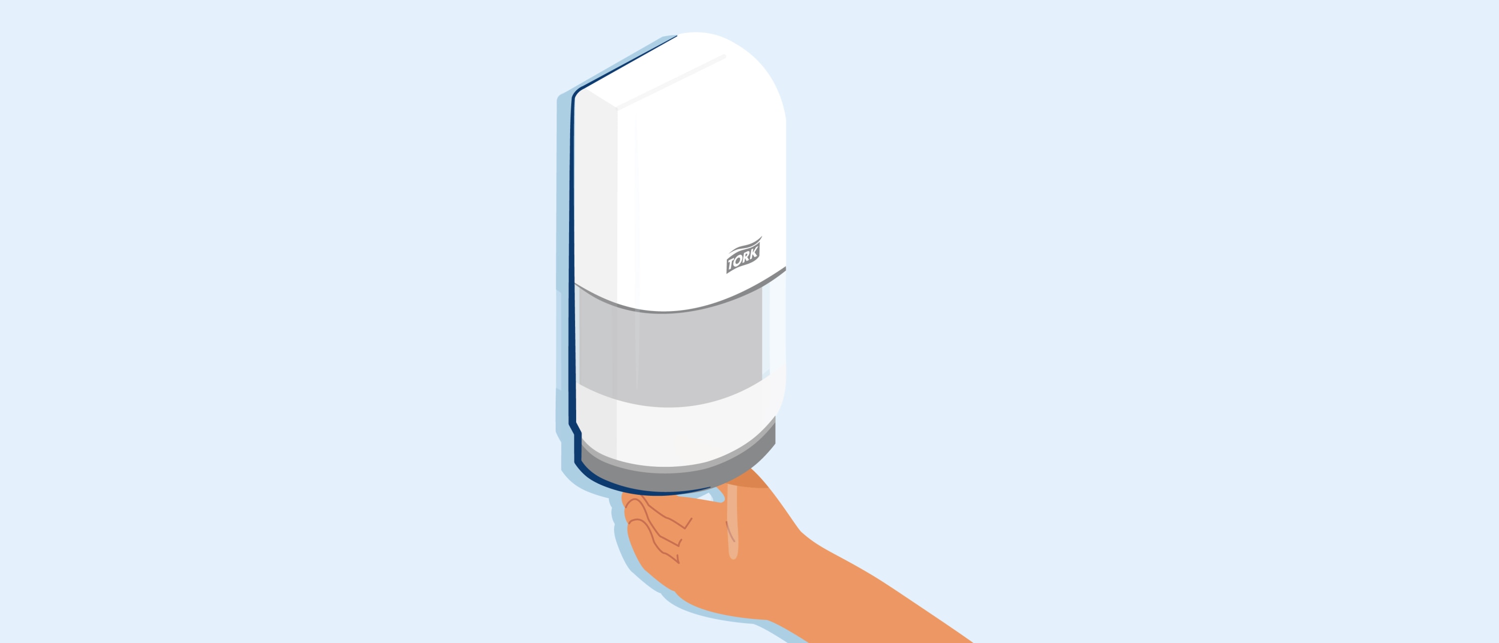 Hand reaching under a Tork hand sanitizer dispenser, against a pale blue background.