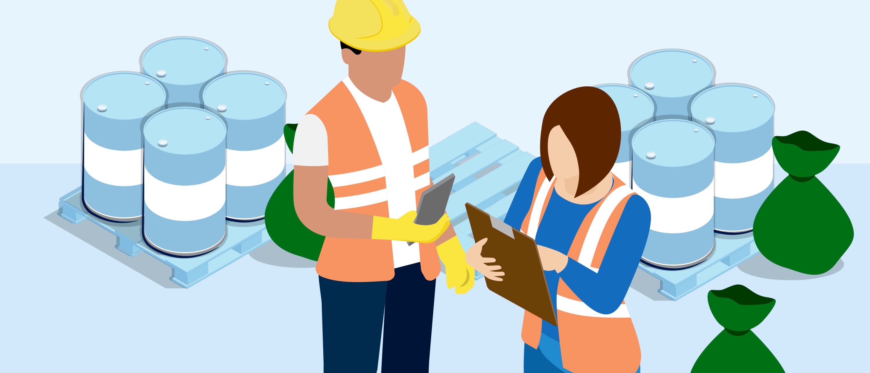 Two workers in safety vests — one with a hard hat holding a tablet, the other holding a clipboard —inspecting barrels nearby green waste bags.
