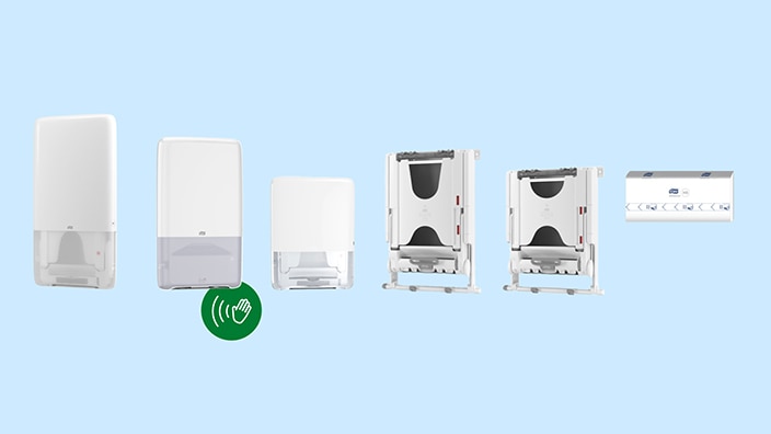 The range of white Tork PeakServe dispensers with one refill