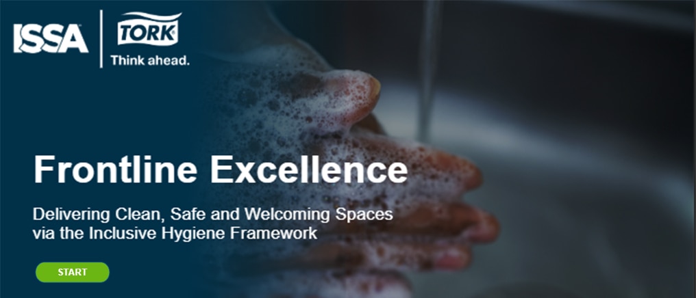 A hand washing with soap under running water, over a banner that reads “Frontline Excellence