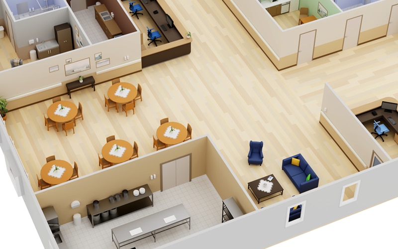 3D image of kitchen and dining area