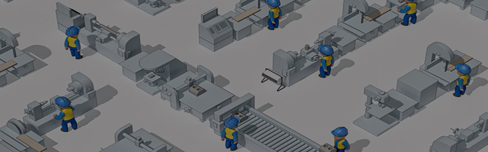 Imagine ilustrată a lucrătorilor din industrie cu căști de protecție văzuți de sus într-un mediu industrial. 