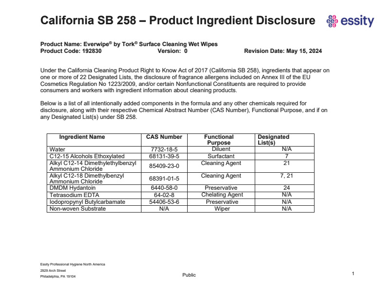 California Ingredient Disclosure Statement