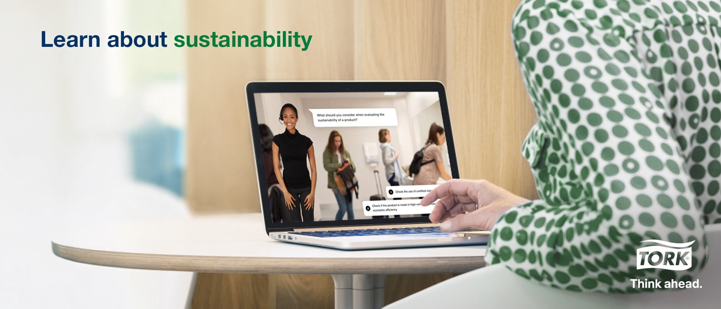 A laptop screen and a woman writing on her laptop, and text on image saying" Learn about sustainability"