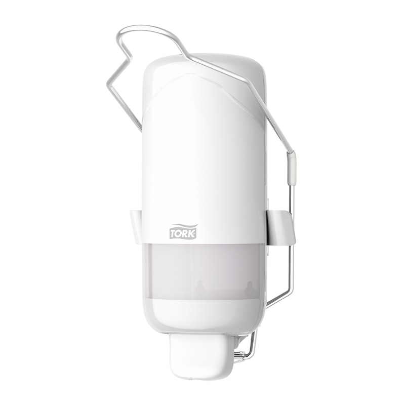 Tork Distributeur levier coude pour savon liquide avec support arrière, Blanc