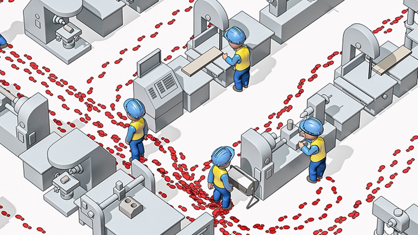 Illustrated image of industry workers in safety helmets seen from above in an industrial environment with their footprints visible to illustrate their movements.