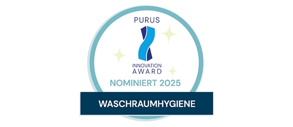 Purus Innovation Award mit stilisiertem blauen Symbol und dekorativen Sternen.