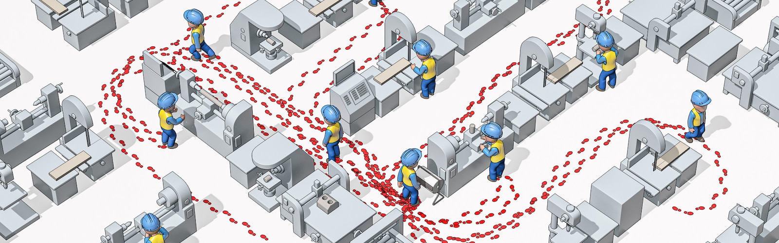 Ilustrovaný obrázok pracovníkov v priemysle v bezpečnostných helmách nasnímaný zhora v priemyselnom prostredí s ich zobrazenými stopami, ktoré naznačujú ich pohyb.