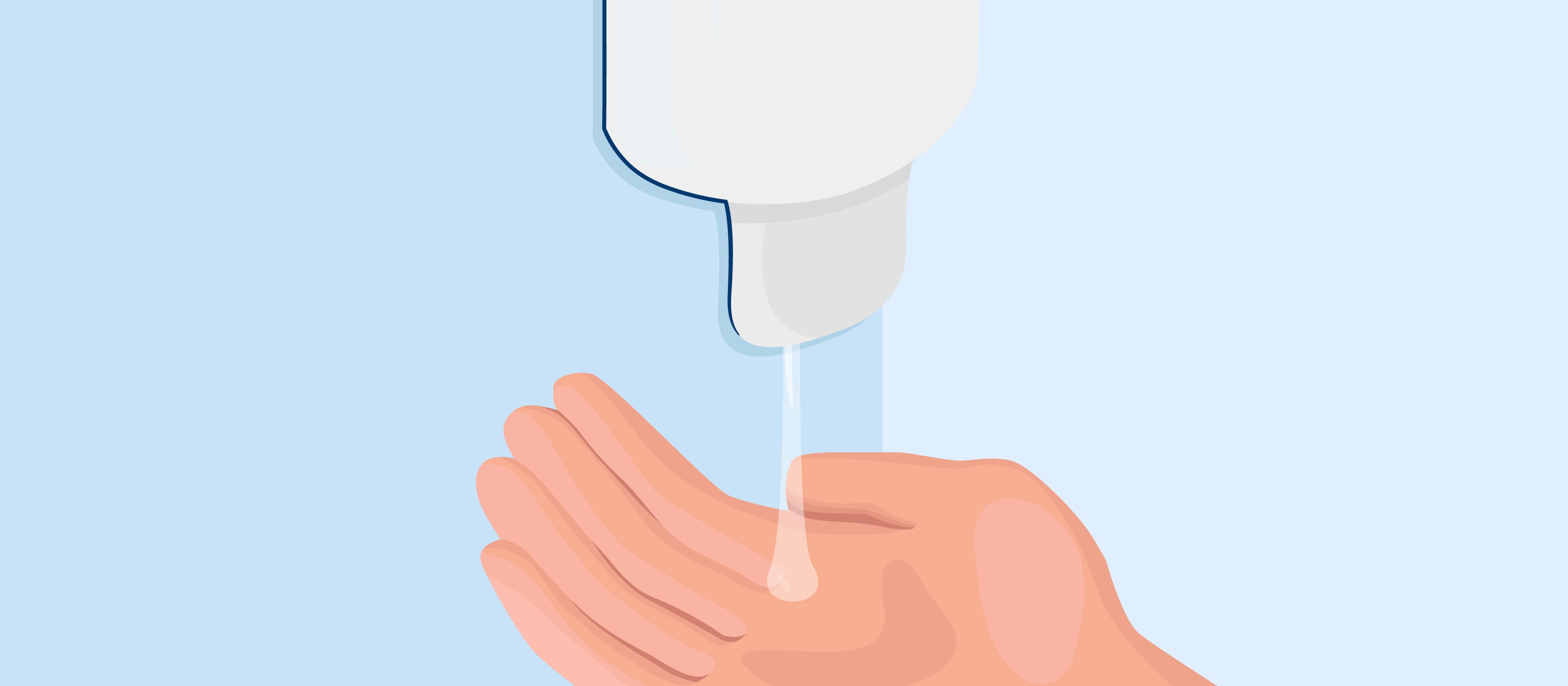 A drop of hand sanitizer falling onto a hand from a hand sanitizer dispenser. A drop of hand sanitizer falling onto a hand from a hand sanitizer dispenser.