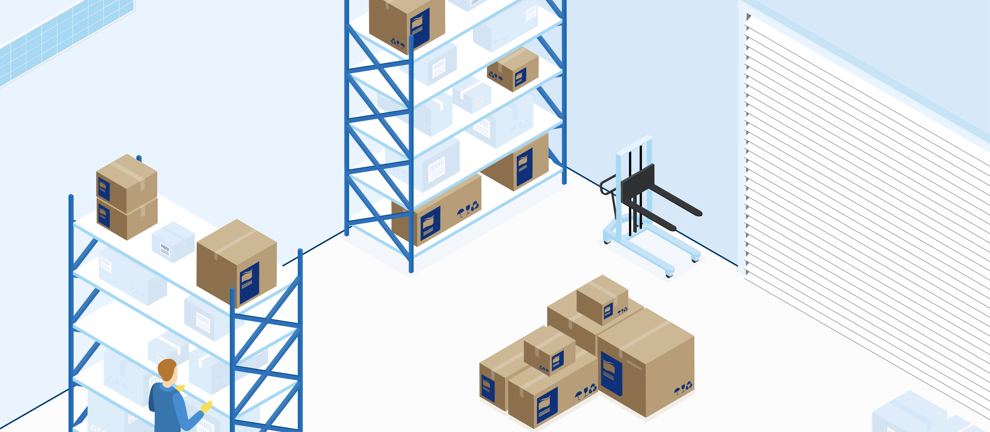 A person in a stockroom, surrounded by boxes of Tork products. A person in a stockroom, surrounded by boxes of Tork products.