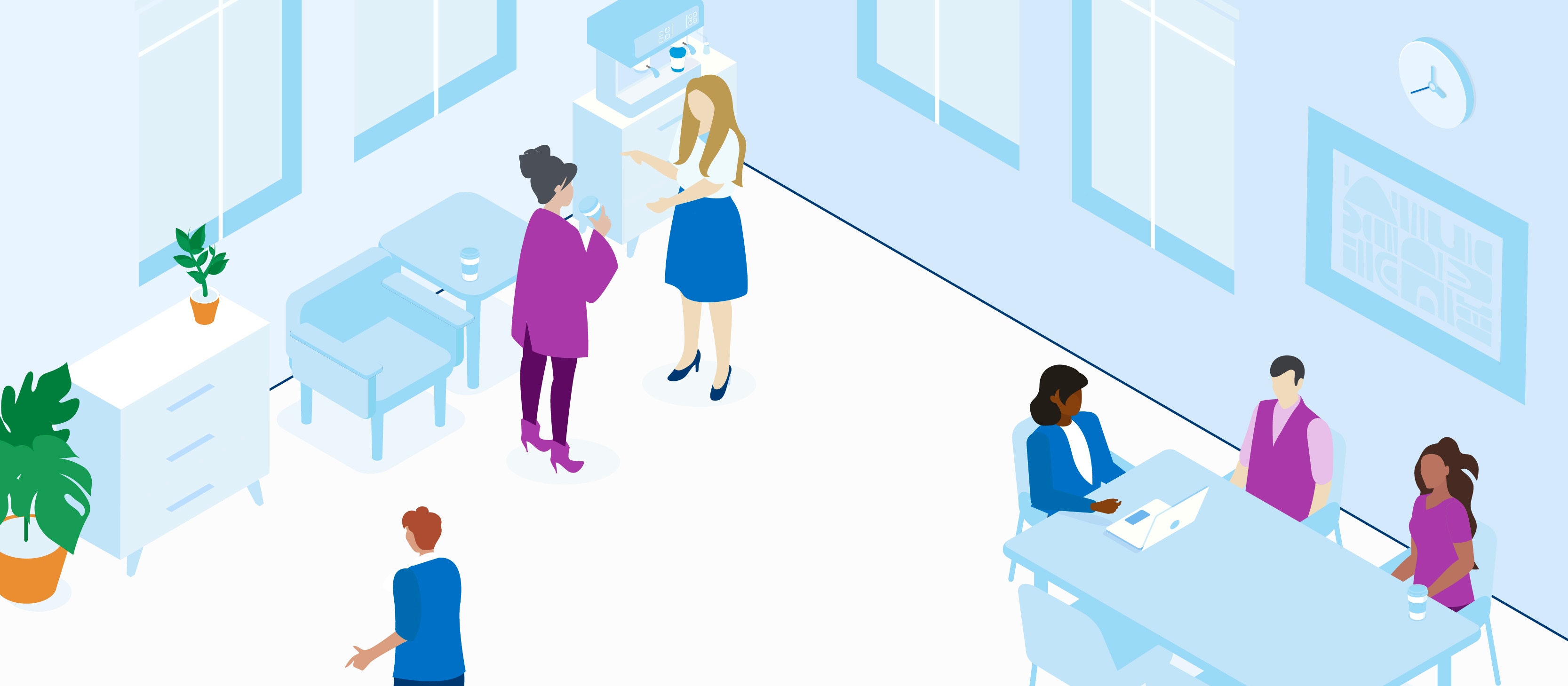 Employees working and socializing in an office space Employees working and socializing in an office space