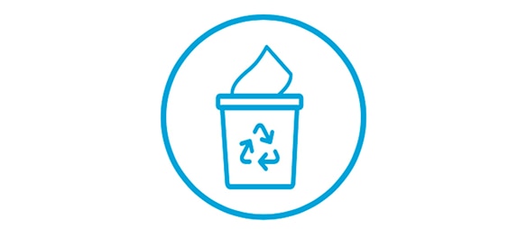 Icon oshowing illustration of a waste bin with a recycling symbol and a paper hand towel in the top