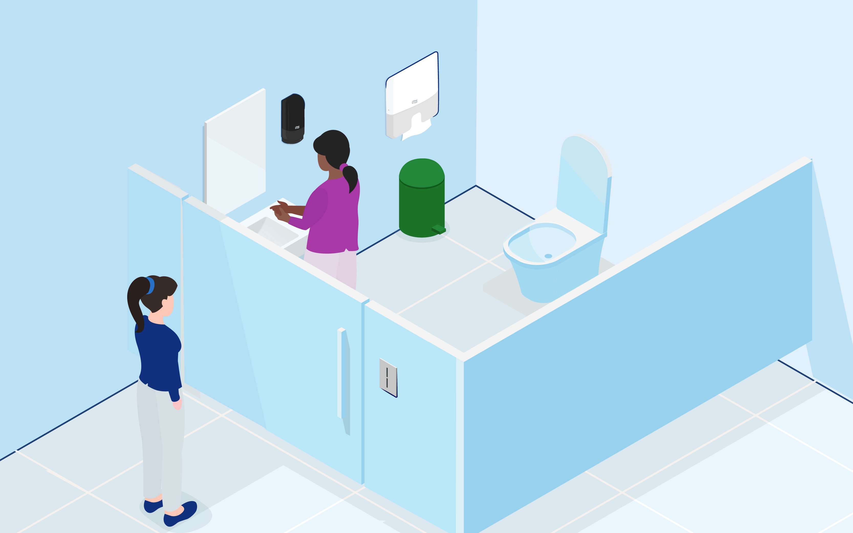 Single-stall bathroom in a small business with a toilet and sink