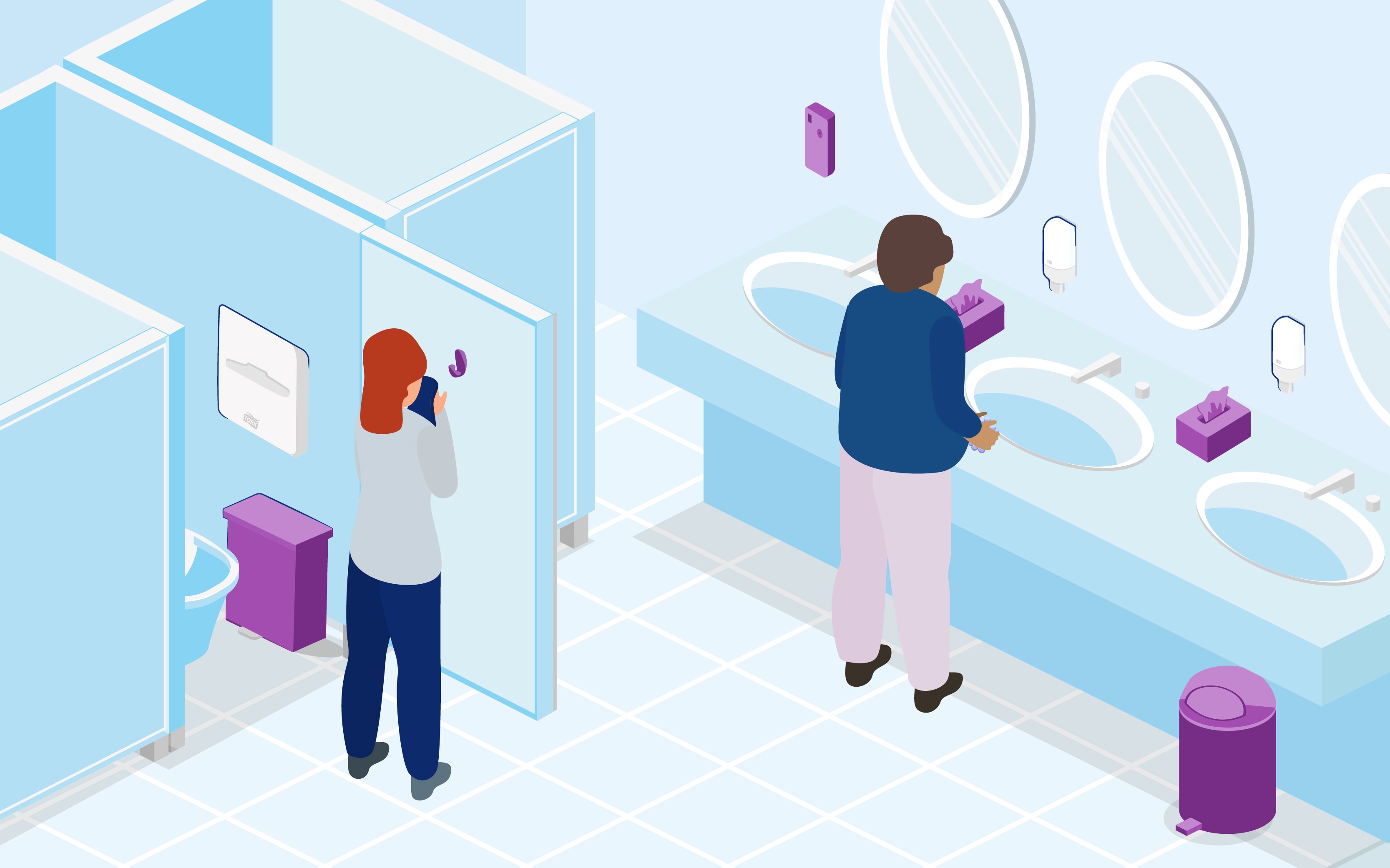 Public restroom containing a variety of restroom accessories (tissue boxes, bins, coat hanger and air freshener)