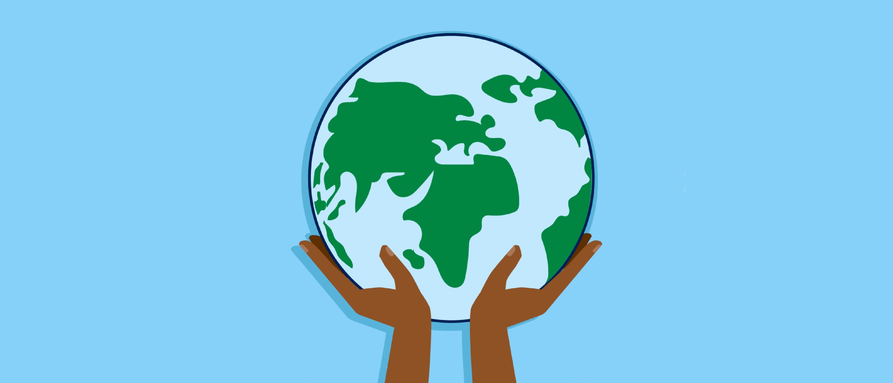 Two raised hands supporting a stylized globe with green continents on a light-blue background.
