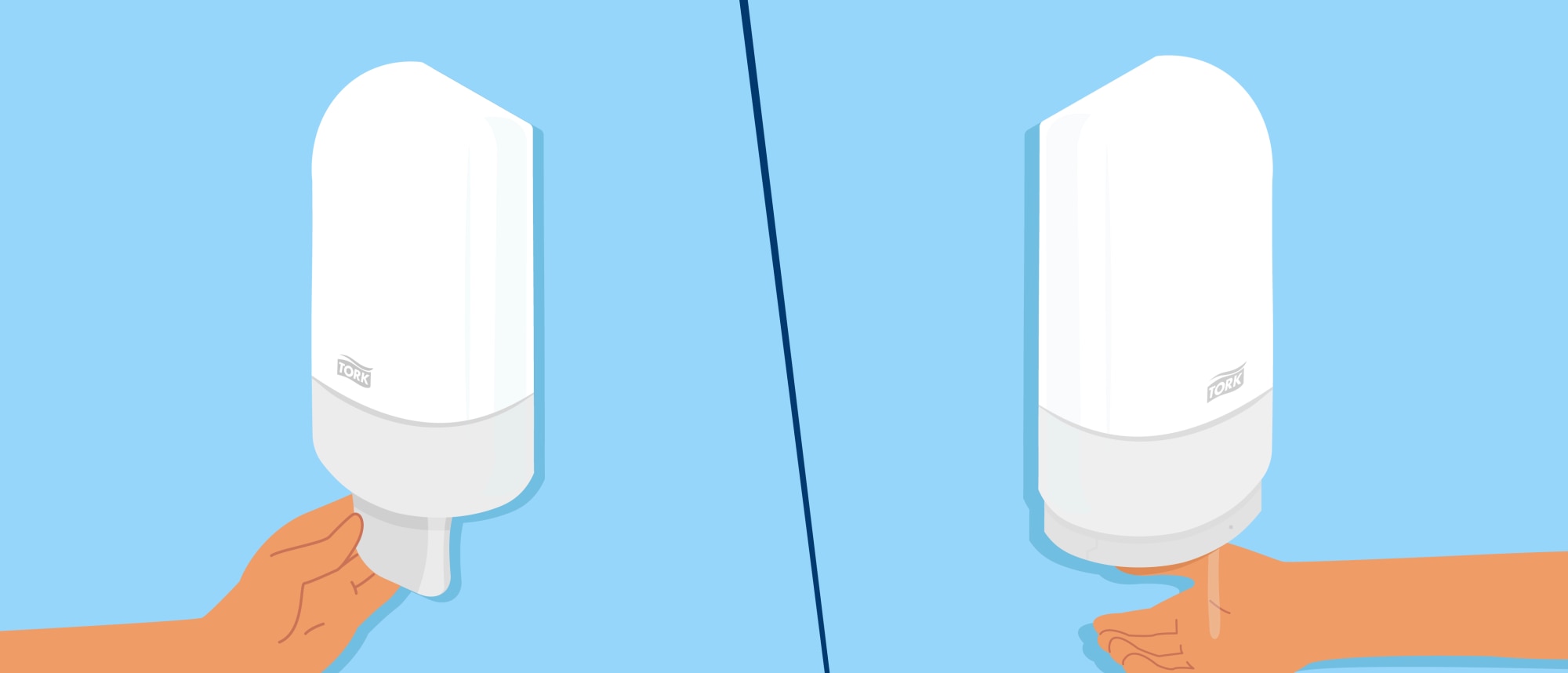 Split illustration showing a hand pressing a manual soap dispenser on the left and an automatic dispenser dispensing soap into an outstretched hand on the right.