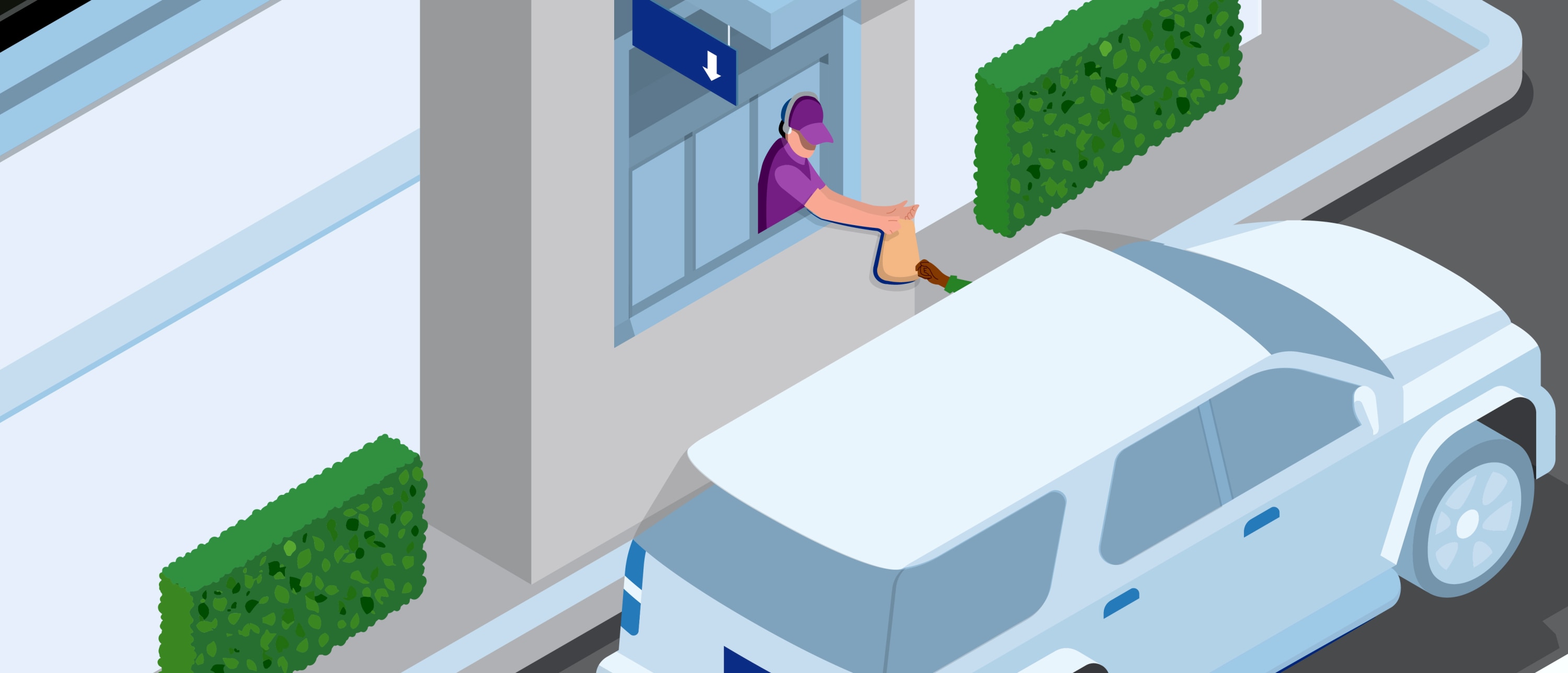 Drive-thru worker wearing a headset handing an item out the window to a person in a white car, with hedges along the building.