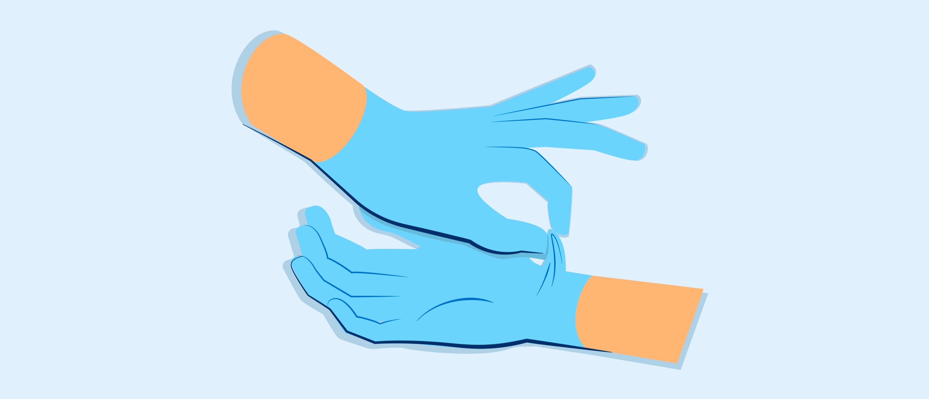 Two hands on a pale-blue background, one hand pulling a blue disposable glove onto the other.