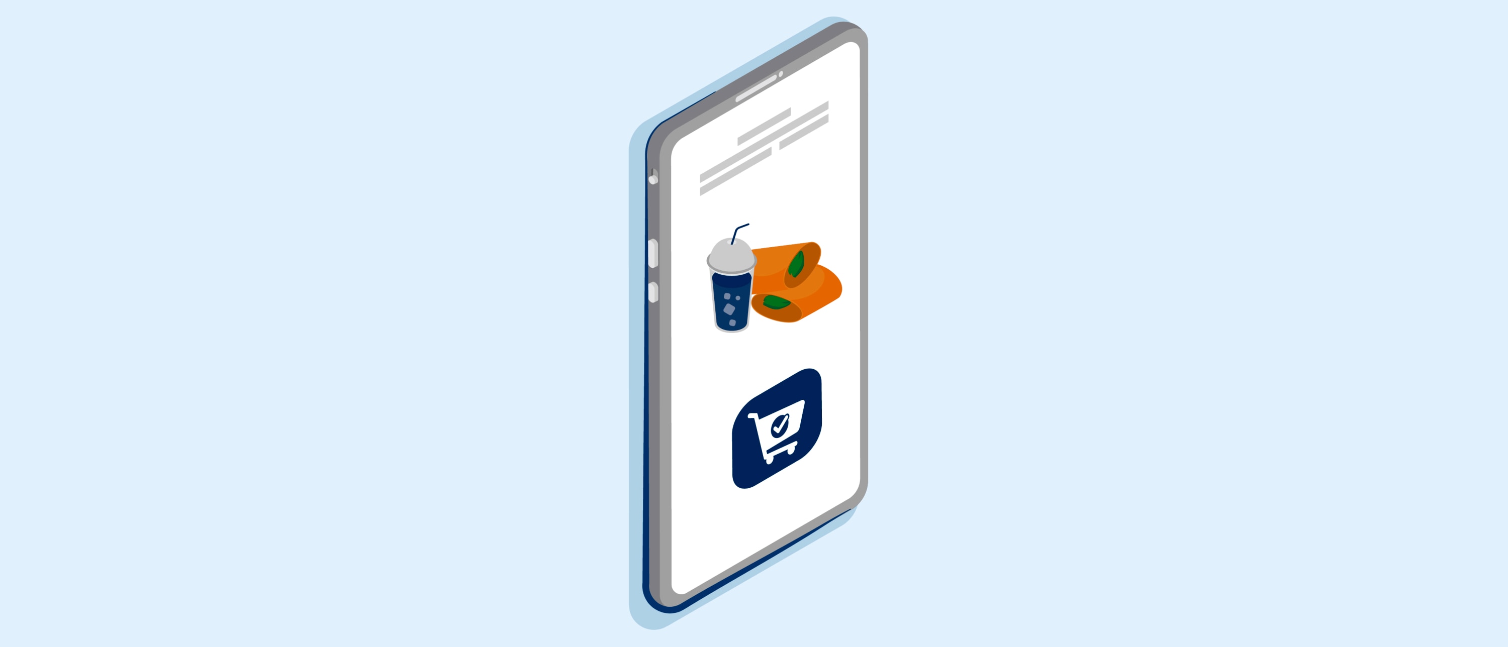 Smartphone displaying a food-ordering screen with icons of a drink and a sandwich, and a shopping cart button on a pale blue background.