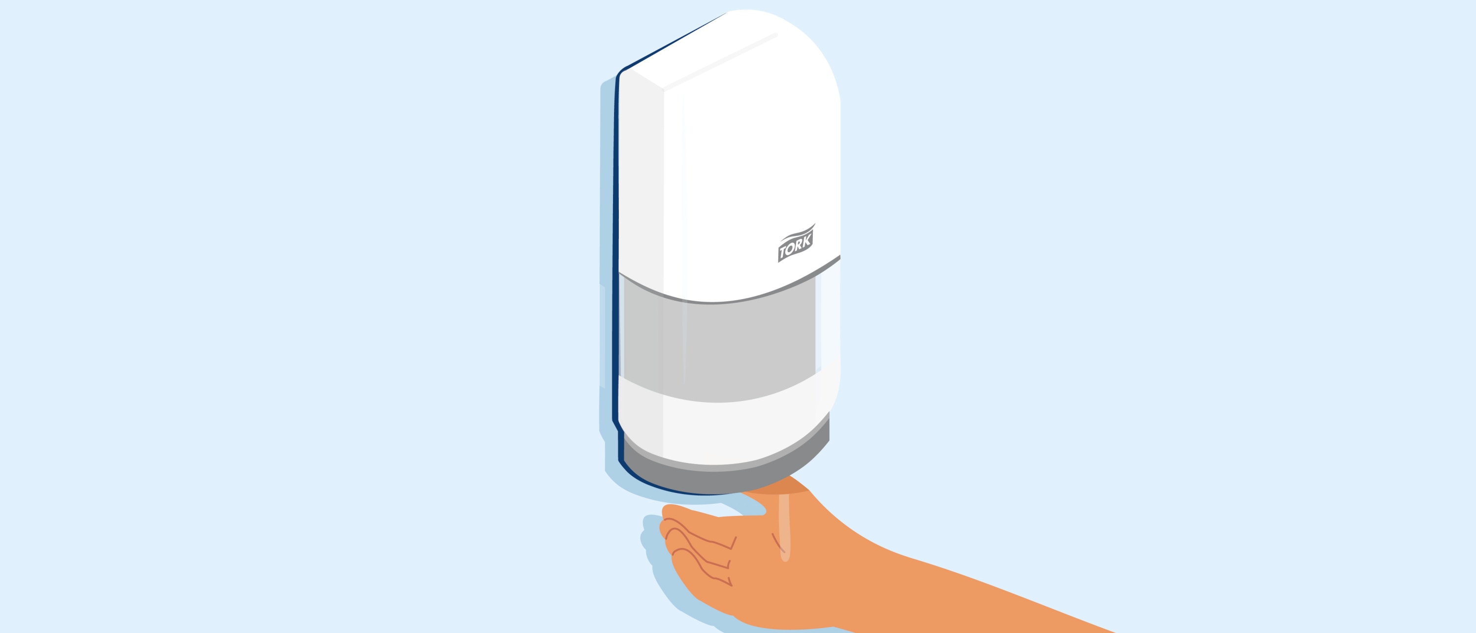 Outstretched hand held beneath a white, wall-mounted Tork soap dispenser against a pale blue background.