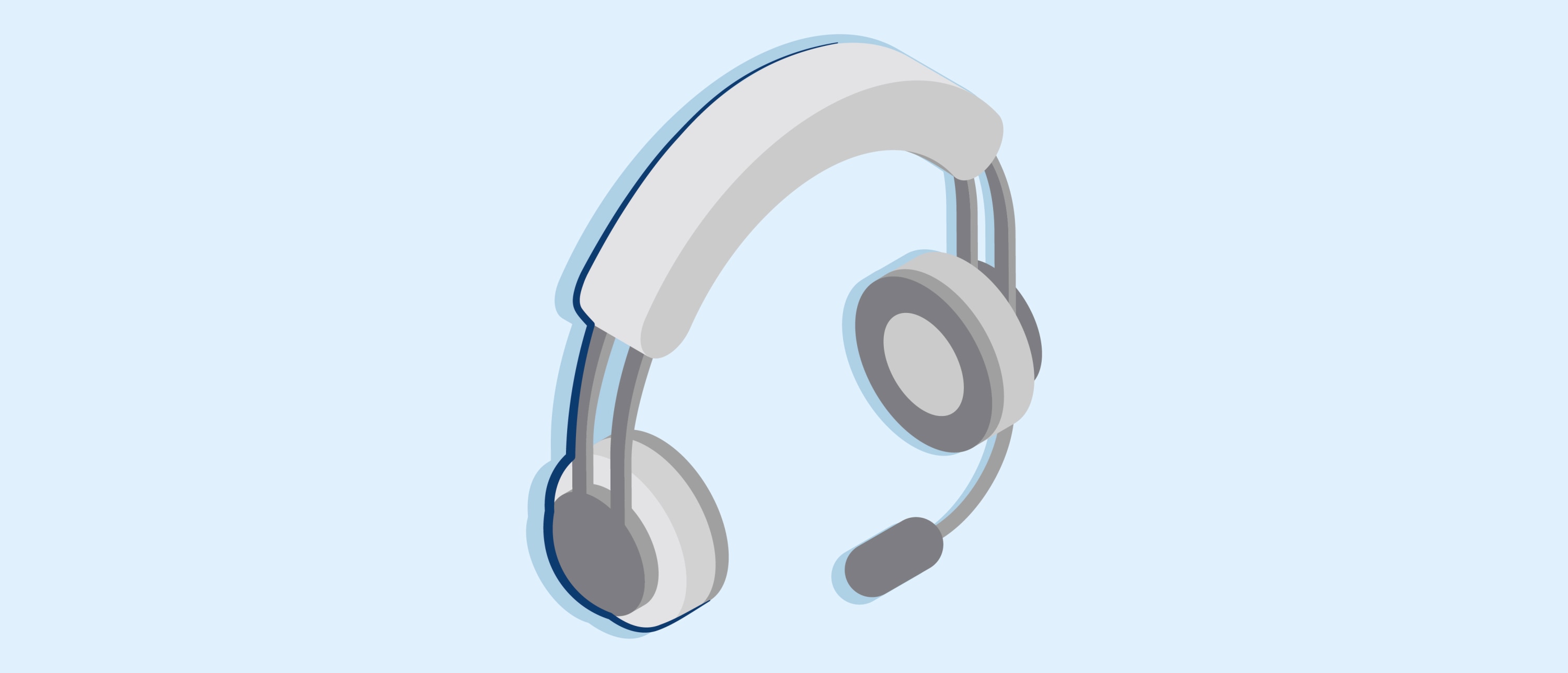 A gray over-ear headset with a microphone on a pale blue background.