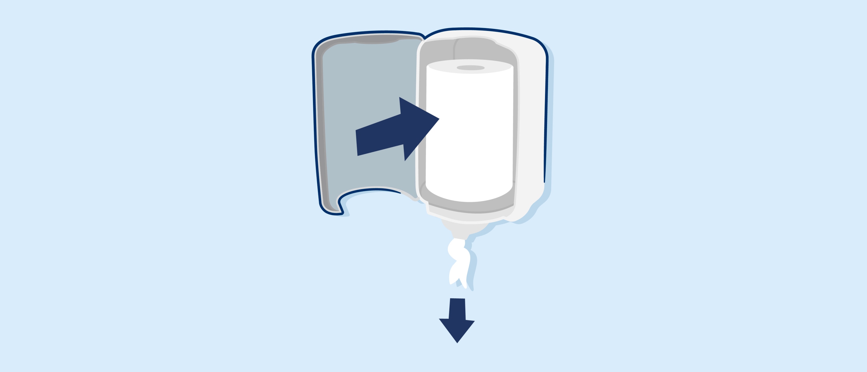 Open centrefeed dispenser with a roll inside and paper feeding downward, with arrows for guidance.