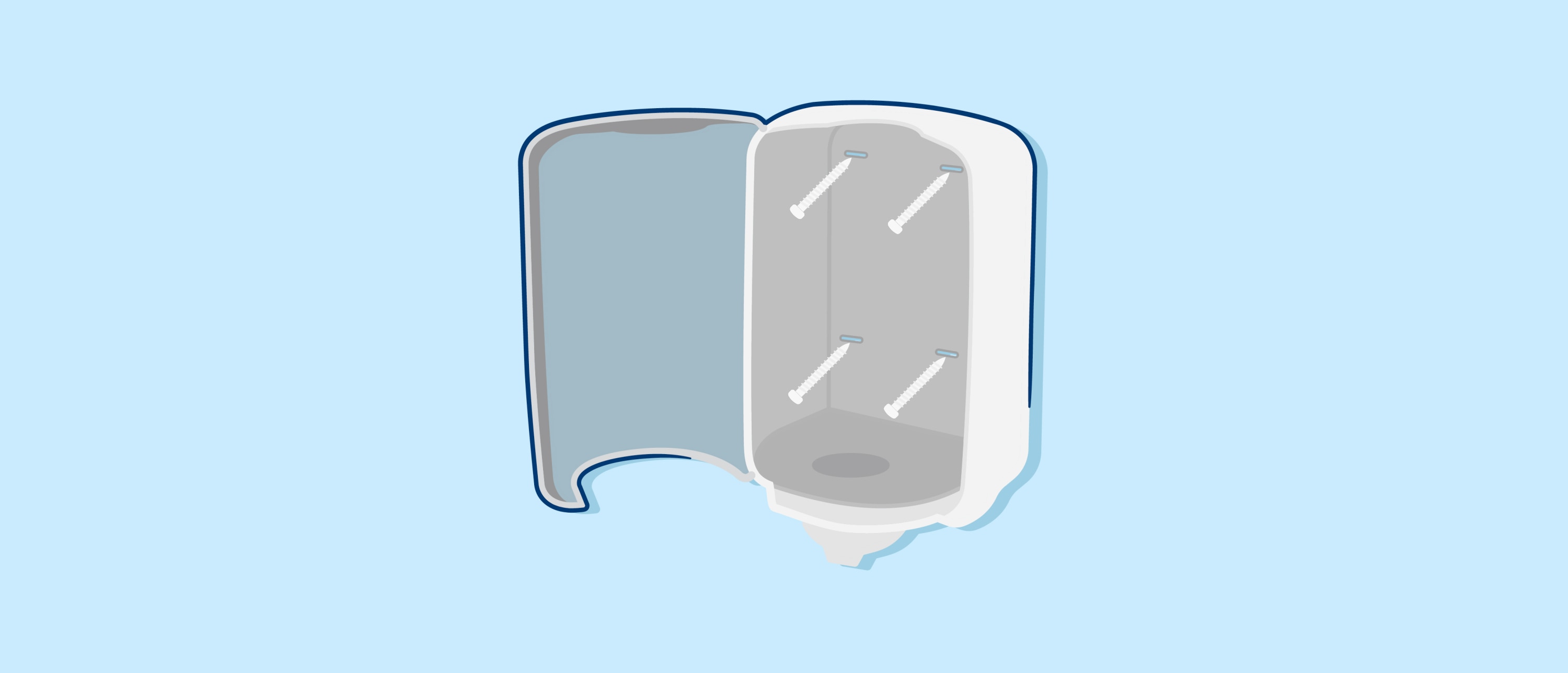 Open white centerfeed dispenser showing four mounting screws against a blue background.