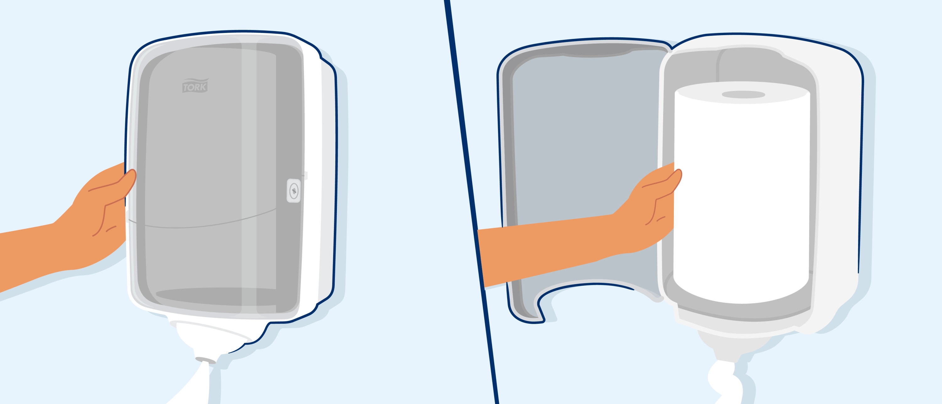 Split illustration of a wall-mounted centerfeed dispenser: left panel shows a closed dispenser with a sheet protruding from the bottom, right panel shows it open with a hand holding the large paper roll inside.