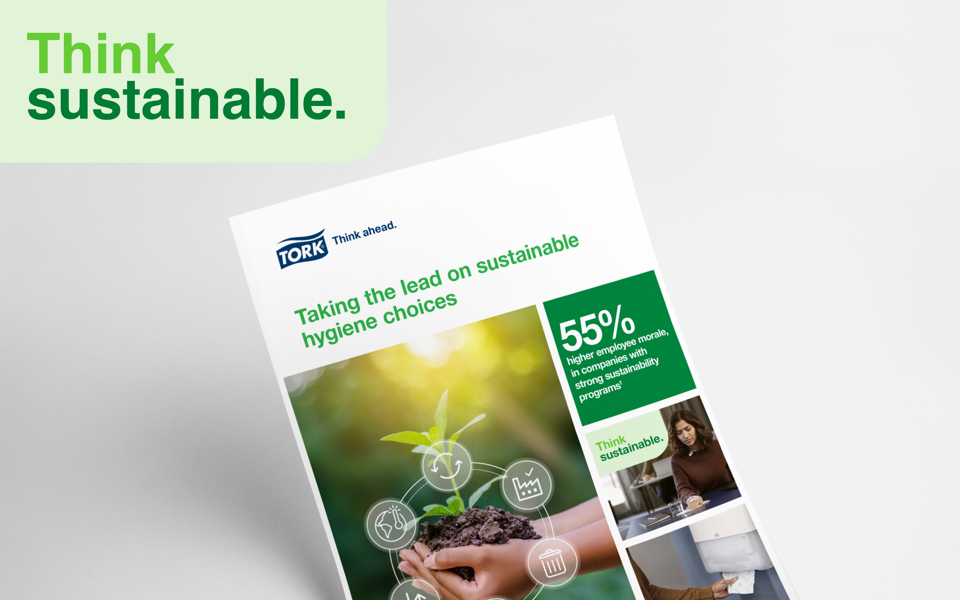 Image with front cover of the Tork Think Sustainable brochure
